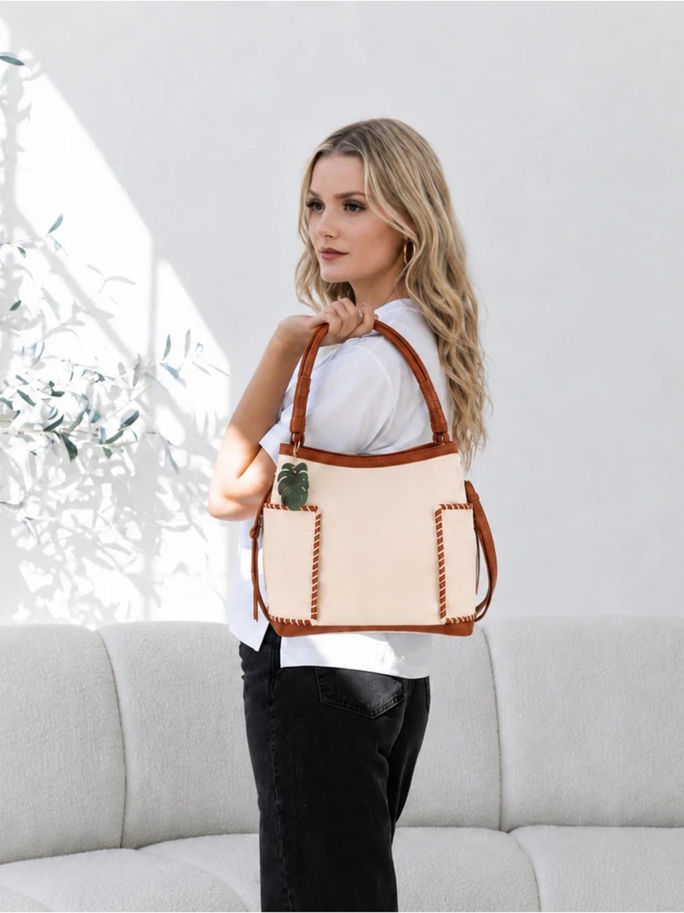 Cream Shoulder Bag with Tan Leather Trim